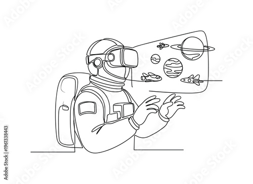 Virtual Reality Space Training. Minimalistic one-line drawing astronaut trainee using VR headset while observing simulated planets and spacecraft, continuous