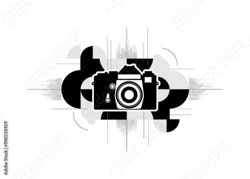vintage film camera, geometric circles semicircles and thin vertical lines structuring balanced composition, black and white retro camera with white cut-out