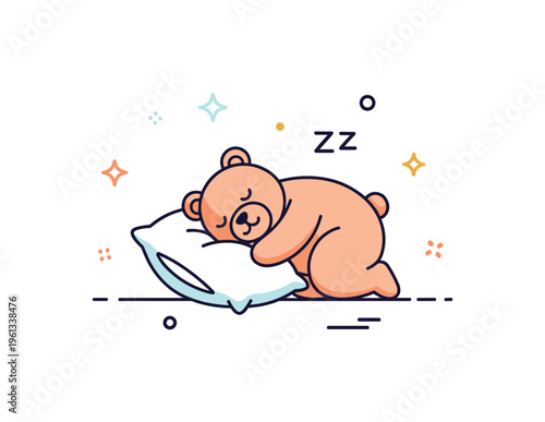 Cozy little bear pillow nap tiny bear hugging a soft pillow while lying down peacefully surrounded by subtle decorative stars. Minimalist flat vector
