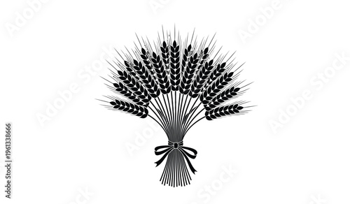 Silhouette of a bouquet of wheat tied with a ribbon on a white background