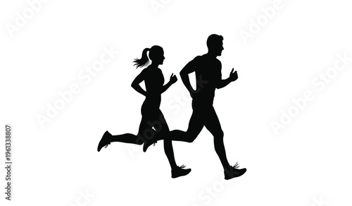 Silhouette of a man and woman running side by side in a fitness routine