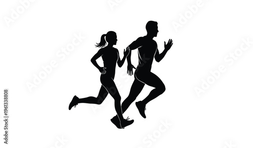 Silhouette of two people running together in fitness and exercise silhouette