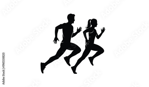 Silhouette of a man and woman running together in a fitness exercise routine