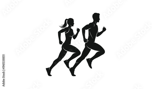 Silhouette of a man and woman running together in a fitness silhouette