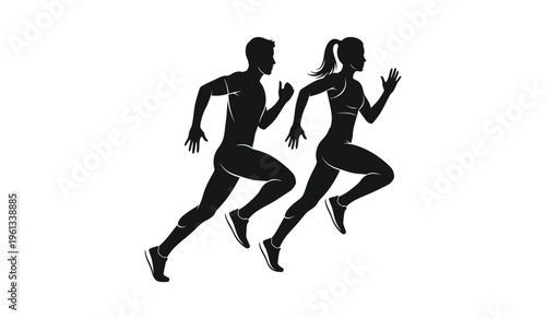Silhouette of a man and woman running side by side in a fitness exercise routine