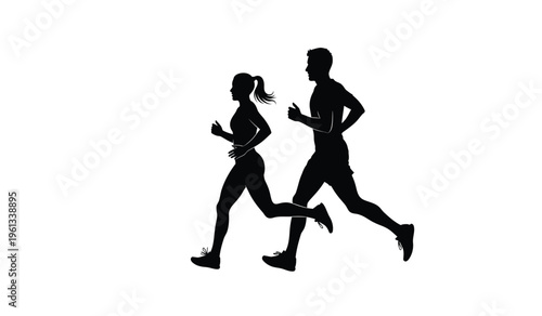 Silhouette of a man and woman running together in a side view