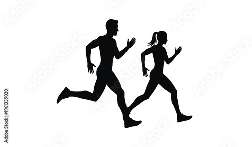 Silhouette of a man and woman running together in a fitness exercise routine
