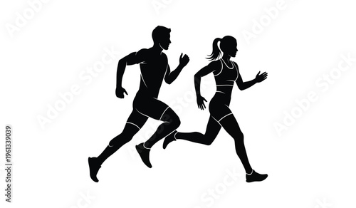 Silhouette of a man and woman running side by side in a fitness exercise routine