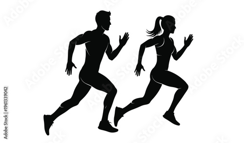 Silhouette of a man and woman running side by side in a fitness exercise routine