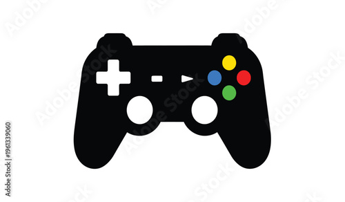 A silhouette of a video game controller with colorful buttons and a white cross