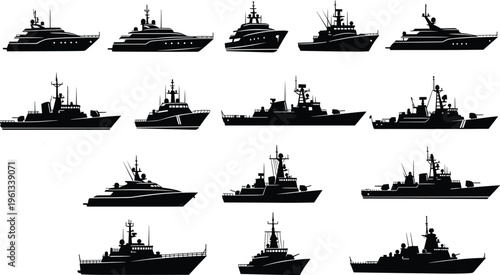 Set of yacht and naval ship silhouettes including luxury yachts and military vessels, maritime transport vector collection isolated on white background for nautical design