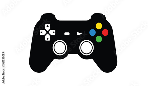 A silhouette of a video game controller with colorful buttons and directional pad