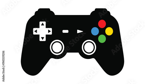 A silhouette of a video game controller with colorful buttons and directional pad