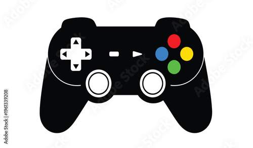 A silhouette of a classic video game controller with colorful buttons and directional pad