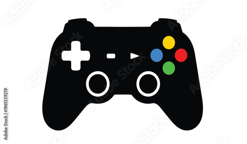 A silhouette of a video game controller with colorful buttons and a white background