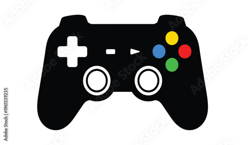 A silhouette of a video game controller with colorful buttons and a white background