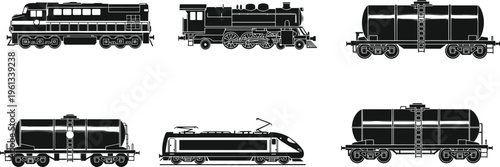 Train silhouettes set featuring diesel locomotive, steam engine and tanker wagons, railway transport collection isolated on white background for logistics, cargo and transportation design