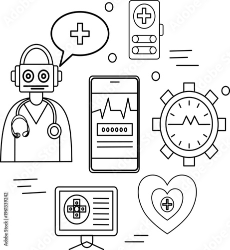 AI medical robot assistant and digital health monitoring technology line art set