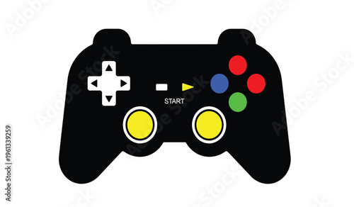 A silhouette of a video game controller with colorful buttons and directional pad