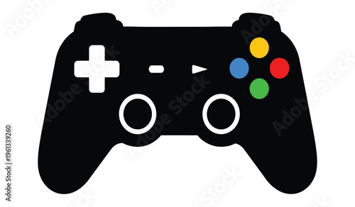 A silhouette of a video game controller with colorful buttons and directional pad