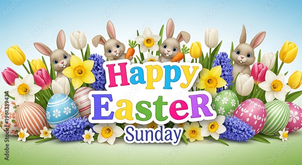 Obraz premium Vibrant easter sunday celebration with bunnies flowers and eggs