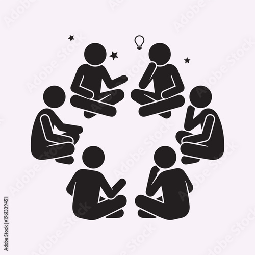 Stick Figures Sitting in Circle Floor Discussion Casual Hangout Concept Minimal Vector Silhouette Illustration