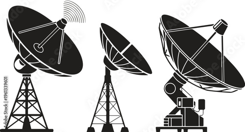 Satellite dish antenna silhouette set for communication technology, radio telescope vector illustration, space transmission icons isolated on white background for network design.