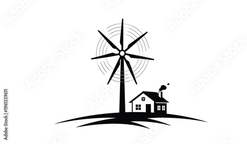 A silhouette of a house with a wind turbine on a hill