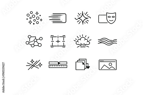 Visual Effects Animation. Line outline icon set of Visual Effects Animation: particle