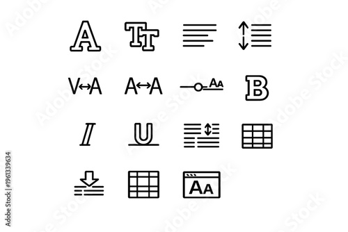 Typography and Fonts. Line outline icon set of Typography and Fonts: letter glyph, font