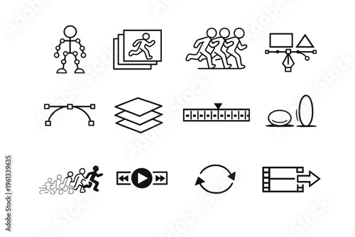 2D Animation. Line outline icon set of 2D Animation: character rig, frame by frame, onion