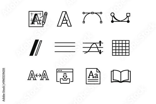 Font Design. Line outline icon set of Font Design: letterform sketch, vector glyph, bezier