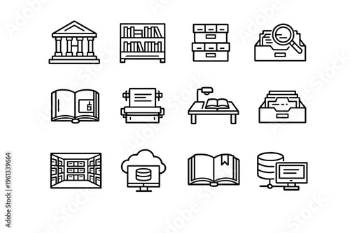 Libraries and Archives. Line outline icon set of Libraries and Archives: library building,