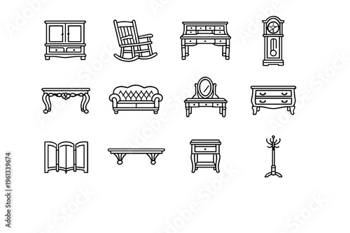Antique Furniture. Line outline icon set of Antique Furniture: wooden cabinet, rocking chair