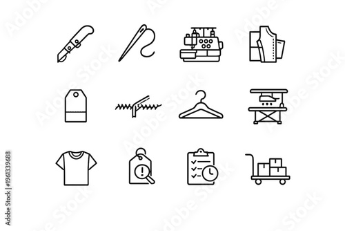 Garment Production Icons. Garment Production. Line outline icon set of Garment Production: fabric cutting