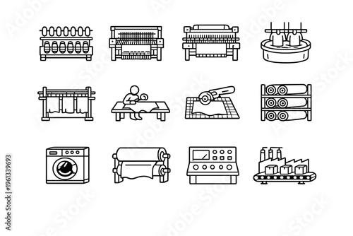 Textile Production. Line outline icon set of Textile Production: spinning machine, weaving