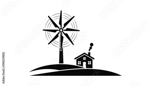 Silhouette of a windmill and house on a hill