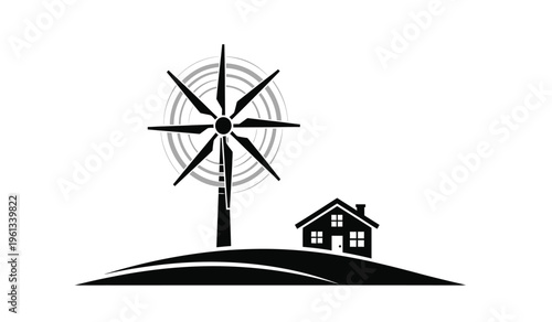 Black silhouette of a wind turbine standing beside a house on a hill