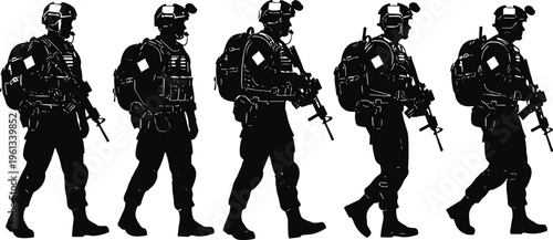 Military soldier silhouette set featuring tactical special forces, armed infantry troops walking with rifles, backpacks, combat gear, army mission, and security patrol.