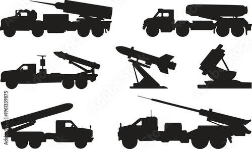 Military missile launcher silhouette set featuring rocket artillery trucks, mobile surface to air missiles, tactical weapon systems, army defense vehicles, and combat weaponry.