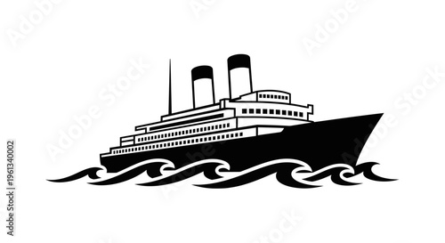 Vintage ocean liner ship silhouette sailing through waves