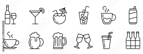 Assortment of beverage and drink icons, vector graphics, featuring coffee cups, tea mugs, juice glasses, soda cans, cocktail drinks