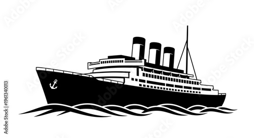 Vintage ocean liner ship silhouette sailing on waves