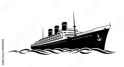 Silhouette of a large ocean liner ship with three funnels and anchor