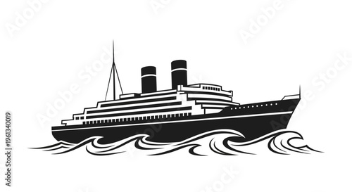 Vintage ocean liner ship silhouette sailing on waves