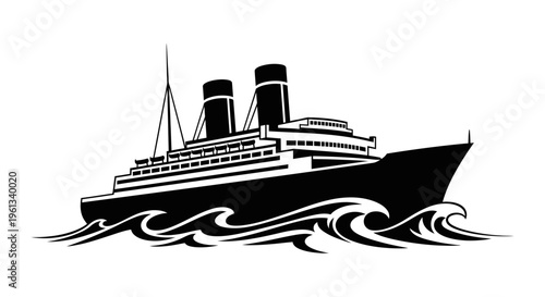 Silhouette of a large ocean liner ship with three smokestacks on the water
