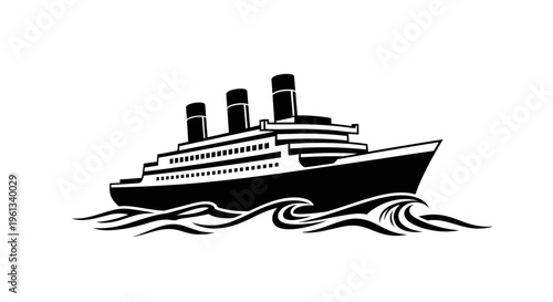 Silhouette of a large ocean liner ship with three smokestacks on wavy waters