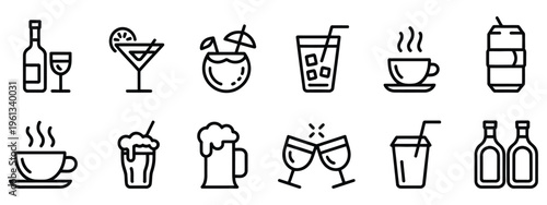 Assortment of beverage and drink icons, vector graphics, including coffee, tea, juice, soda, cocktails, water, cups, bottles, and glasses, ideal for menu design
