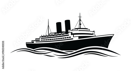 Vintage ocean liner ship silhouette sailing on wavy waters