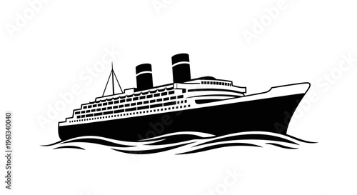 Vintage ocean liner ship silhouette sailing on waves